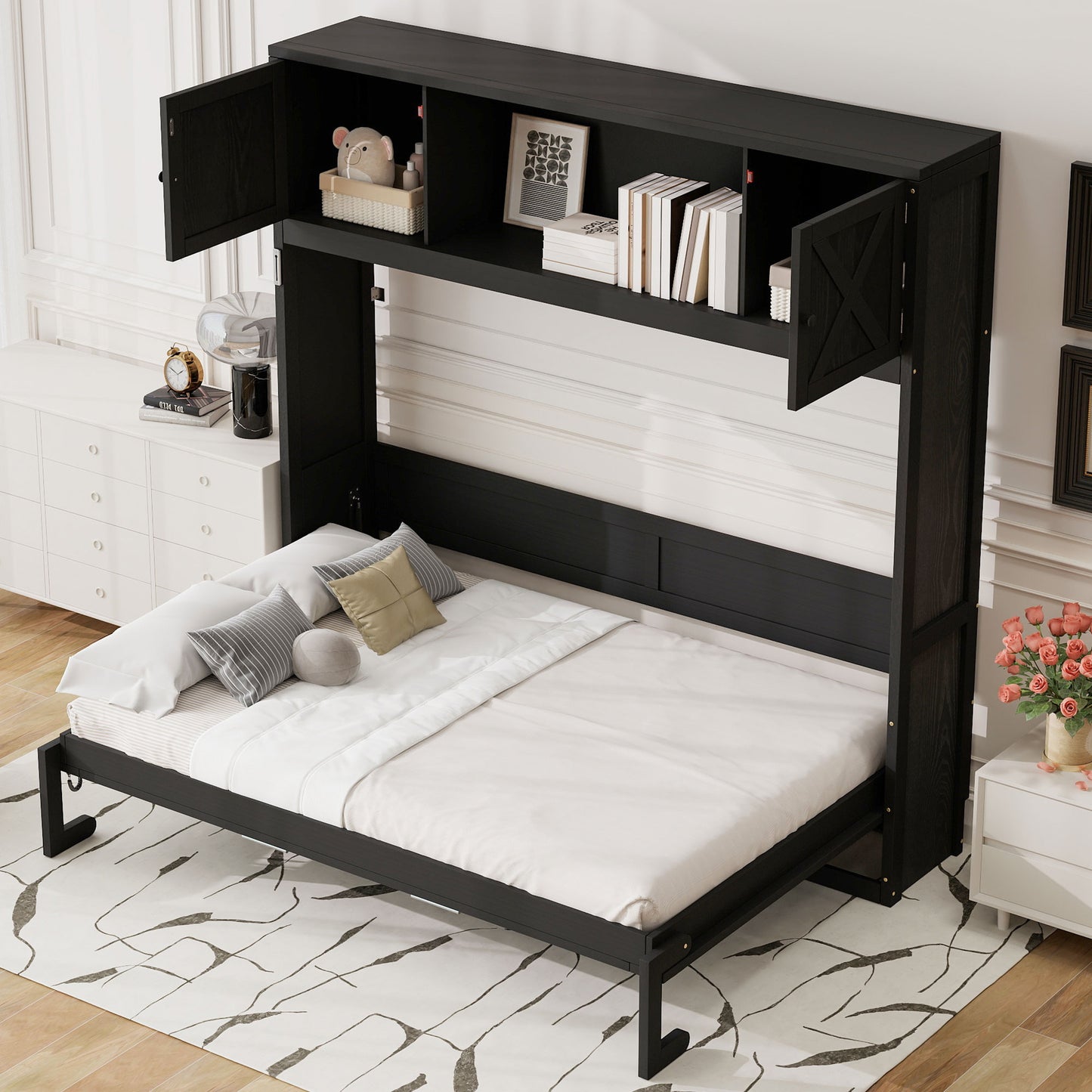 Full Size Murphy Bed with Storage Cabinets, Black image 2