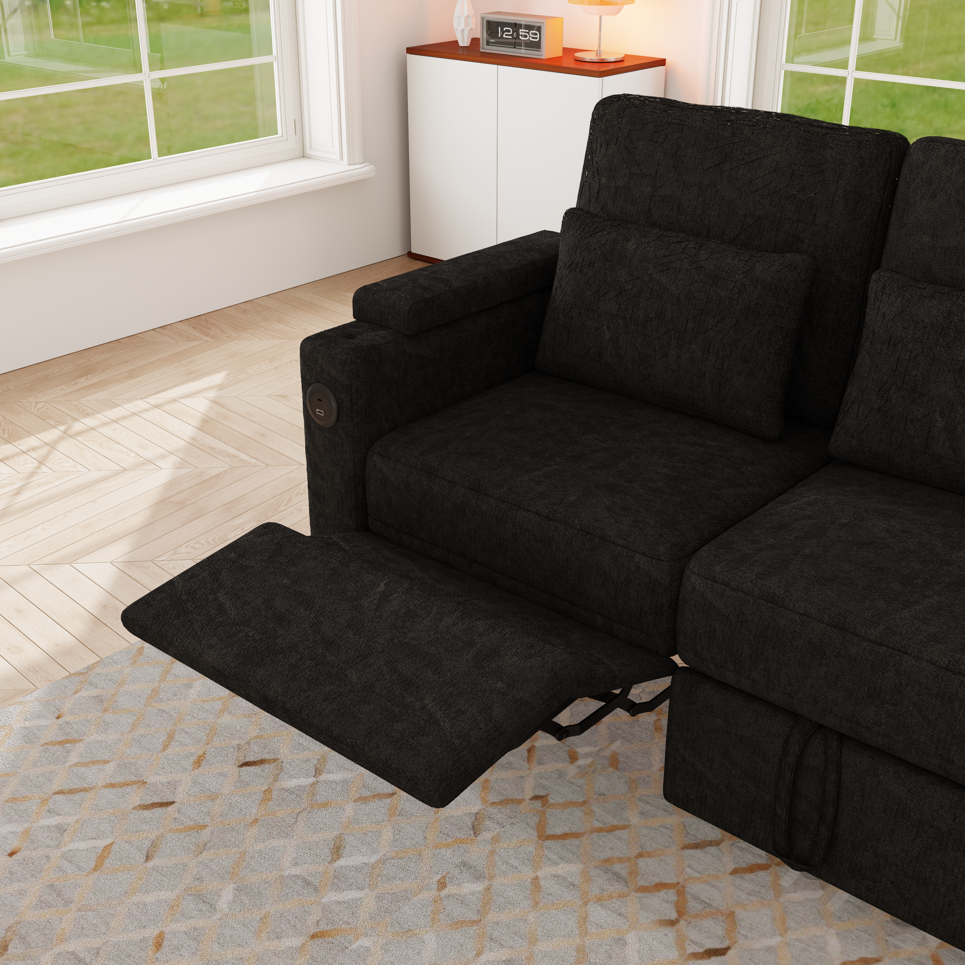 83-inch 3-in-1 foldable three-person sofa bed with a table board and USB ports, armrests with storage function. High-quality chenille three-person sofa. The sofa bed features adjustable backrest and p image 8