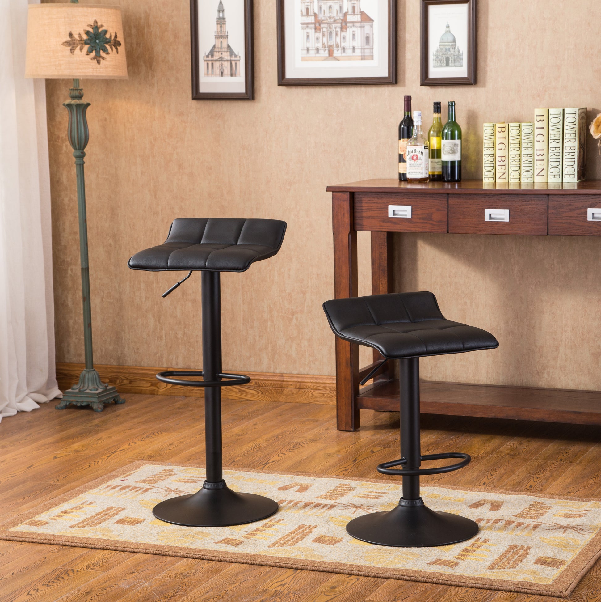 Belham Black Round Top with Black Leg And Base Metal Bar Table and 2 Swivel Black Bonded Leather Adjustable Bar Stool Bar Sets image 8