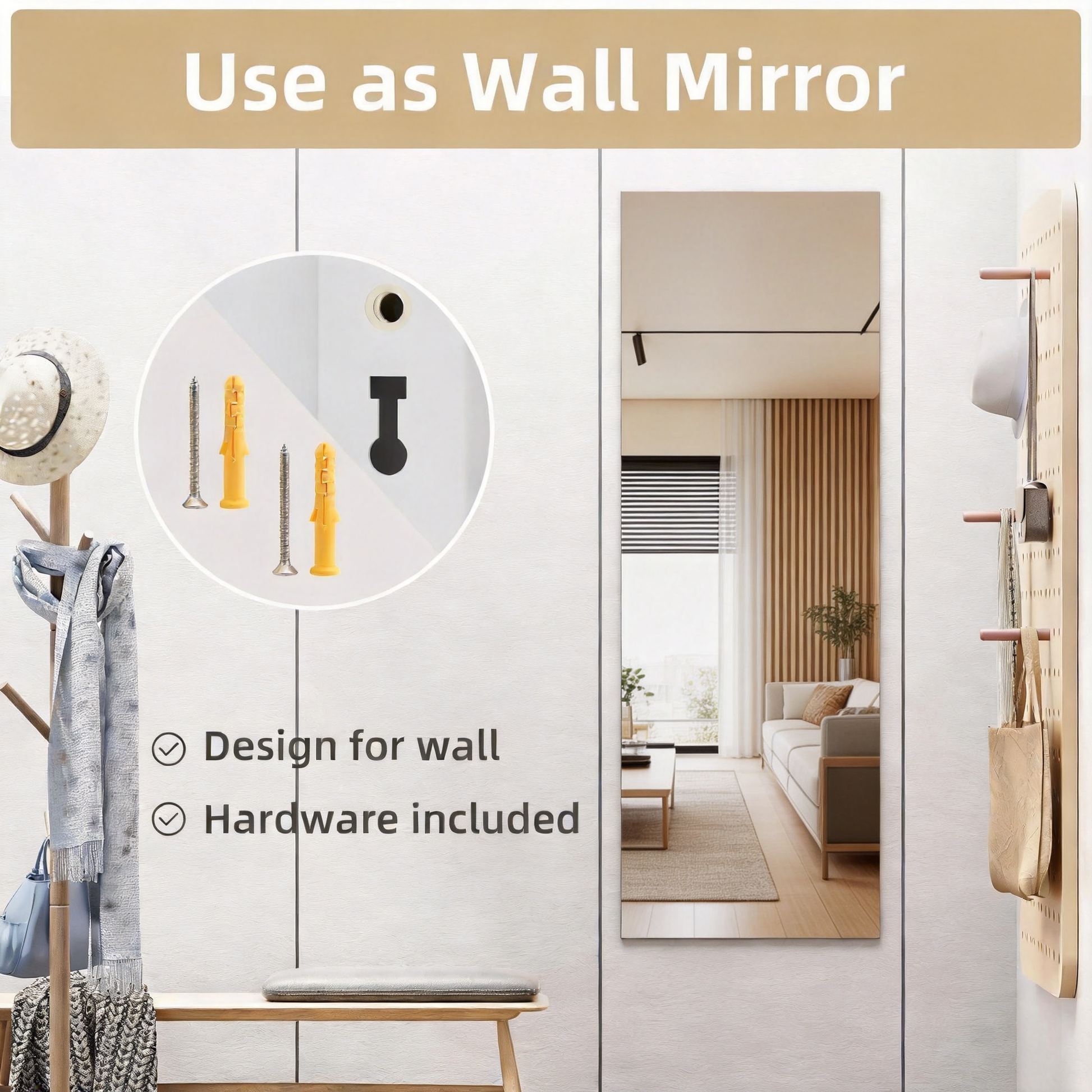 Door Mirror Full Length, 47"x 16" Full Body Over The Door Hanging Wall Mounted Mirror for Bedroom, Living Room, Cloakroom, Square White image 4