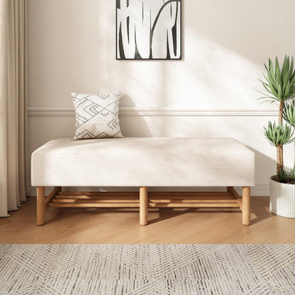 Rectangular Upholstered Linen Fabric Ottoman Bench, Solid Wood Legs, Beige (old sku N757P296699I) image 2