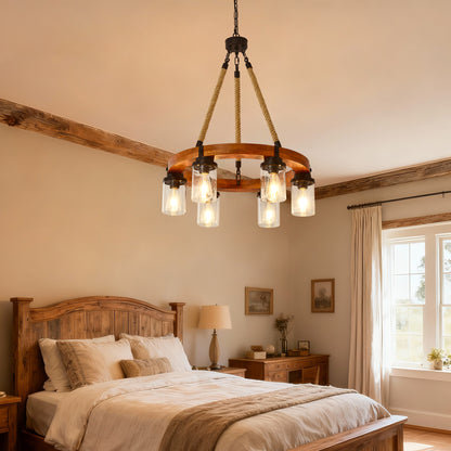 23.62 INCH Round Wood Pendant Light with Seeded Glass Shade, Rustic 6-Light Wagon Wheel Chandelier,Farmhouse Chandeliers for Dining Room Kitchen Island Foyer Entryway (8 Light)--NO INCLUDED BULBS image 8