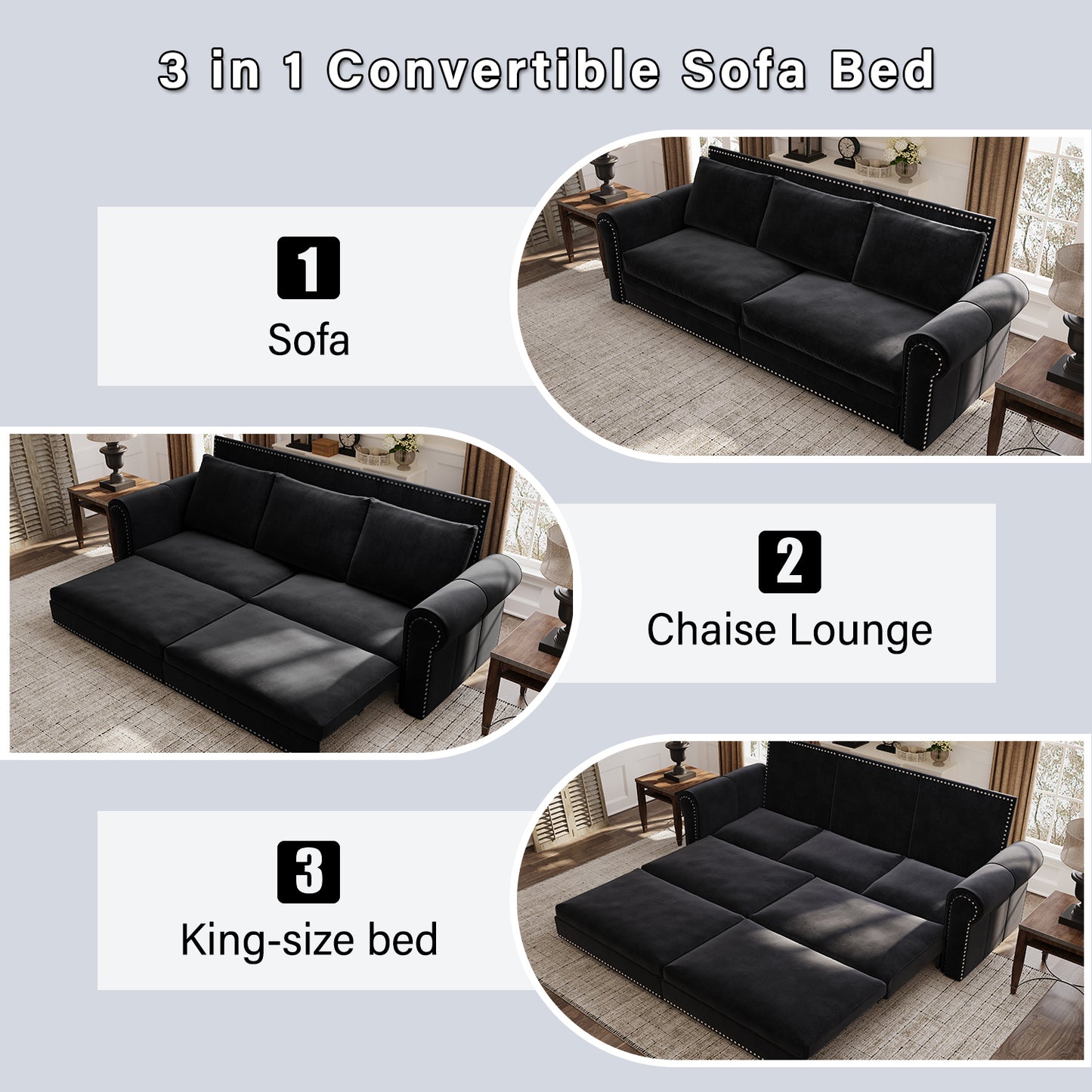 Chesterfield Sofa,93.7" King Pull Out Sofa Bed,3-in-1 Velvet Convertible Sleeper Sofa with Nailhead Trim & Rolled Arm,Multi-Functional Sofa Bed for Black (Old sku:W1885S00039/W1885S00100) image 6