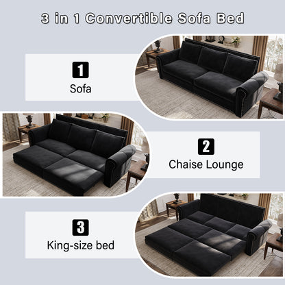 Chesterfield Sofa,93.7" King Pull Out Sofa Bed,3-in-1 Velvet Convertible Sleeper Sofa with Nailhead Trim & Rolled Arm,Multi-Functional Sofa Bed for Black (Old sku:W1885S00039/W1885S00100) image 6