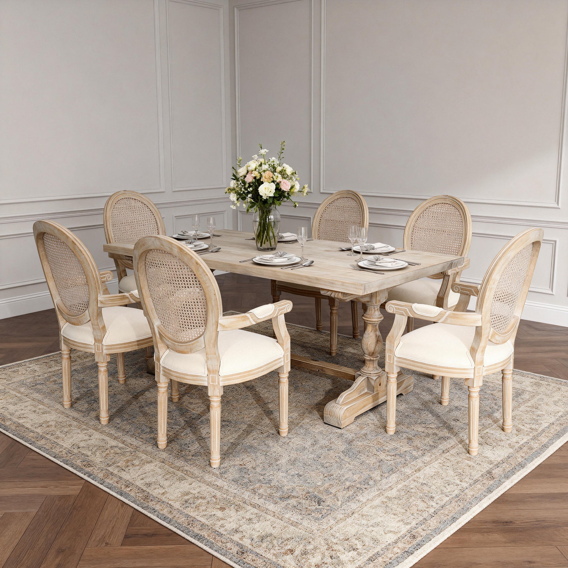 French Vintage Upholstered Fabric Dining Armchair, Set of 2, Beige image 9