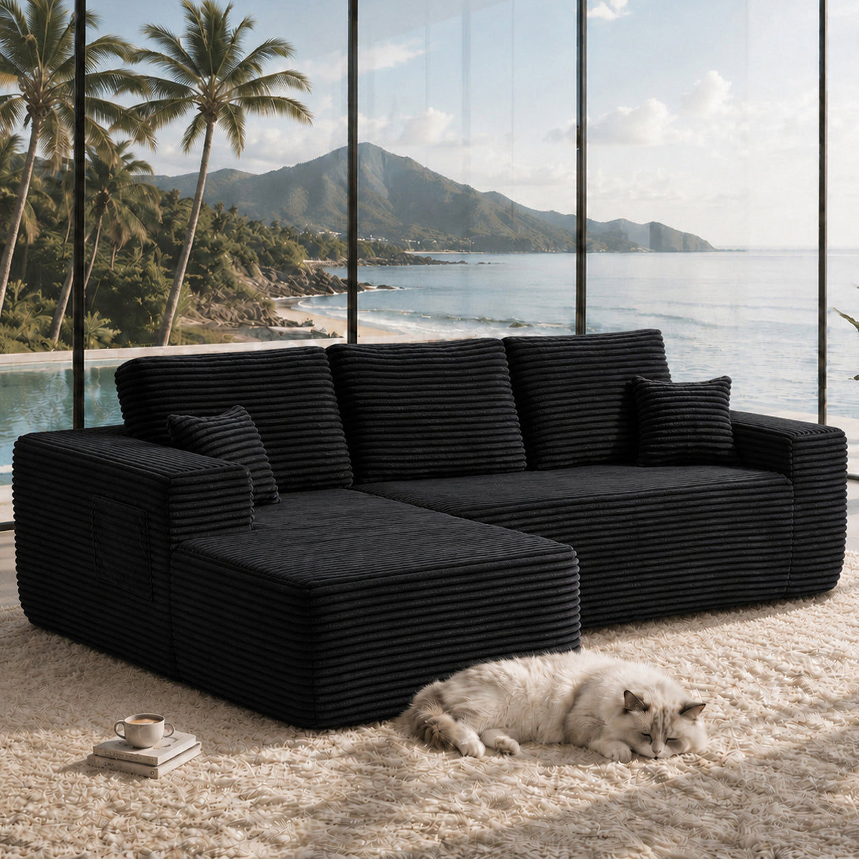 104" Cloud Sectional Sofa with L-Shape Chaise and Side Pockets, Modern Modular Design, Deep Seating, Upholstered Couch for Living Room/Bedroom, No Assembly Required (Plush Fabric), Black, Left-facing image 3