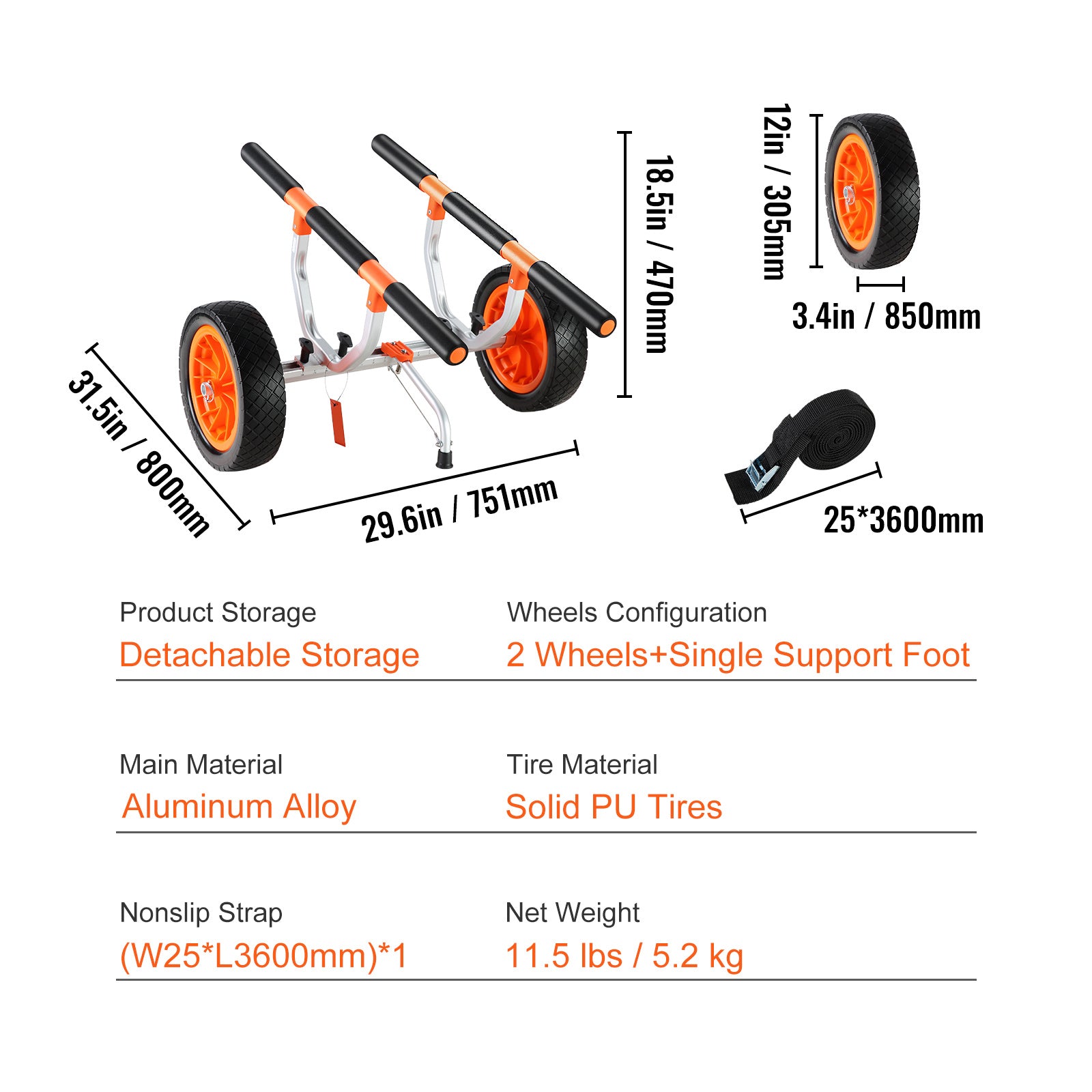 Heavy Duty Kayak Cart, 450lbs Load Capacity, Detachable Canoe Trolley Cart with 12'' Solid Tires, Adjustable Width & Nonslip Support Foot, for Kayaks Canoes Paddleboards Float Mats Jon Boats image 5