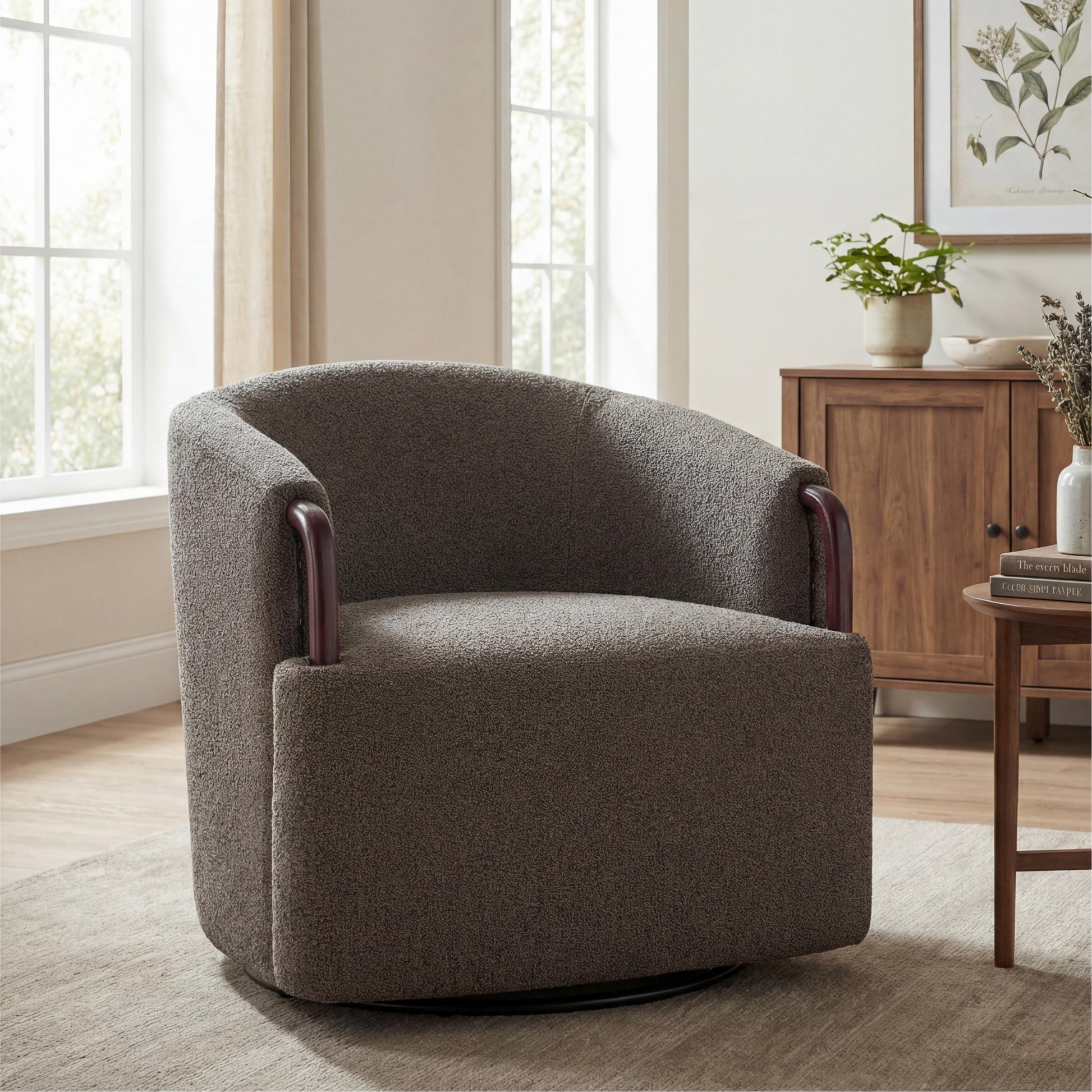 30" Modern Boucle Swivel Barrel Chair with Solid Wood Accents, Soft Durable Upholstery & 360° Swivel Base, Ideal for Living Room, Bedroom, or Office image 1