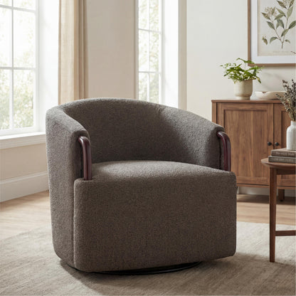 30" Modern Boucle Swivel Barrel Chair with Solid Wood Accents, Soft Durable Upholstery & 360° Swivel Base, Ideal for Living Room, Bedroom, or Office image 1