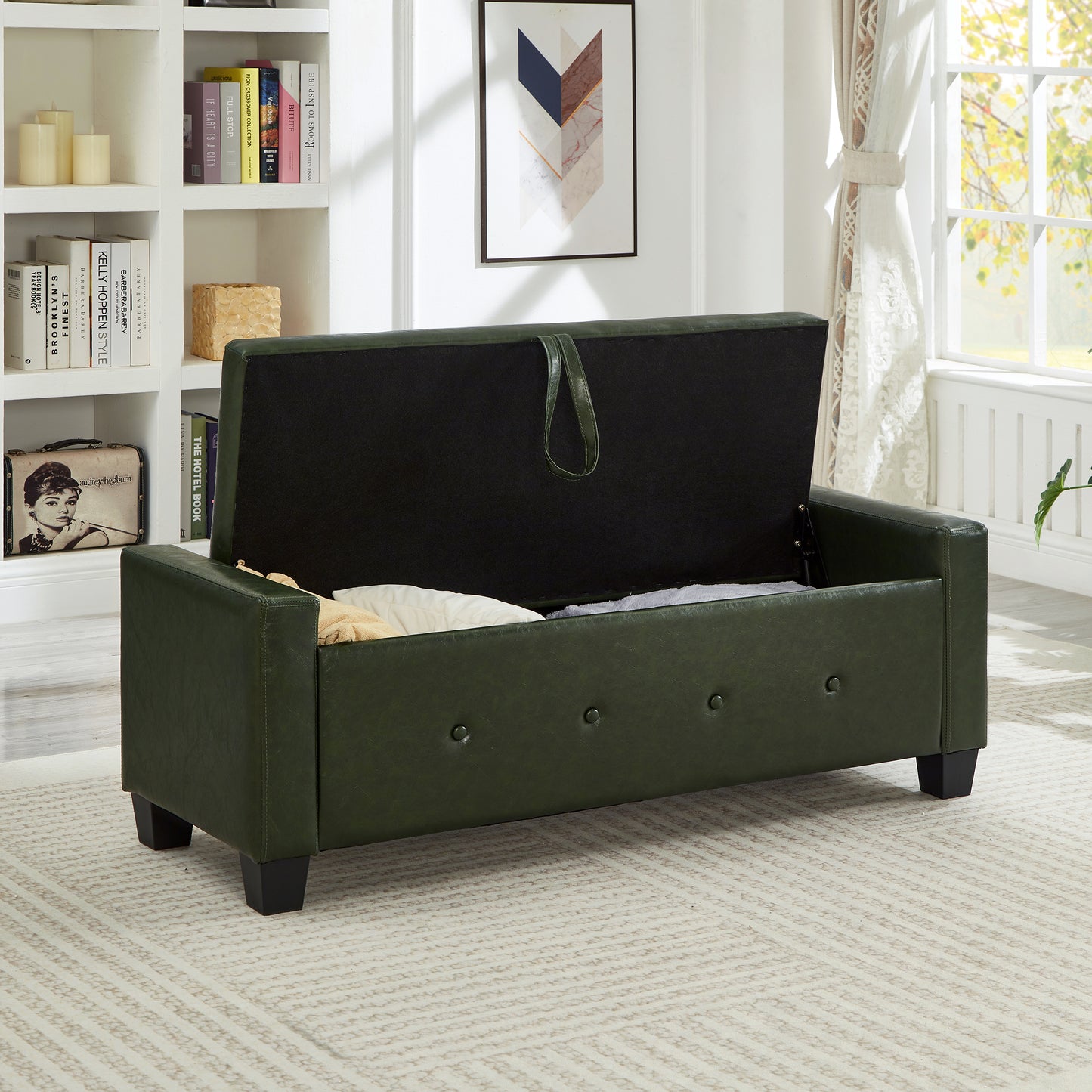48" Ottoman Bench with Storage, Bench for Bedroom,Living Room,Hallway, Upholstered Tufted Faux Leather PU Ottoman Dark Green image 3