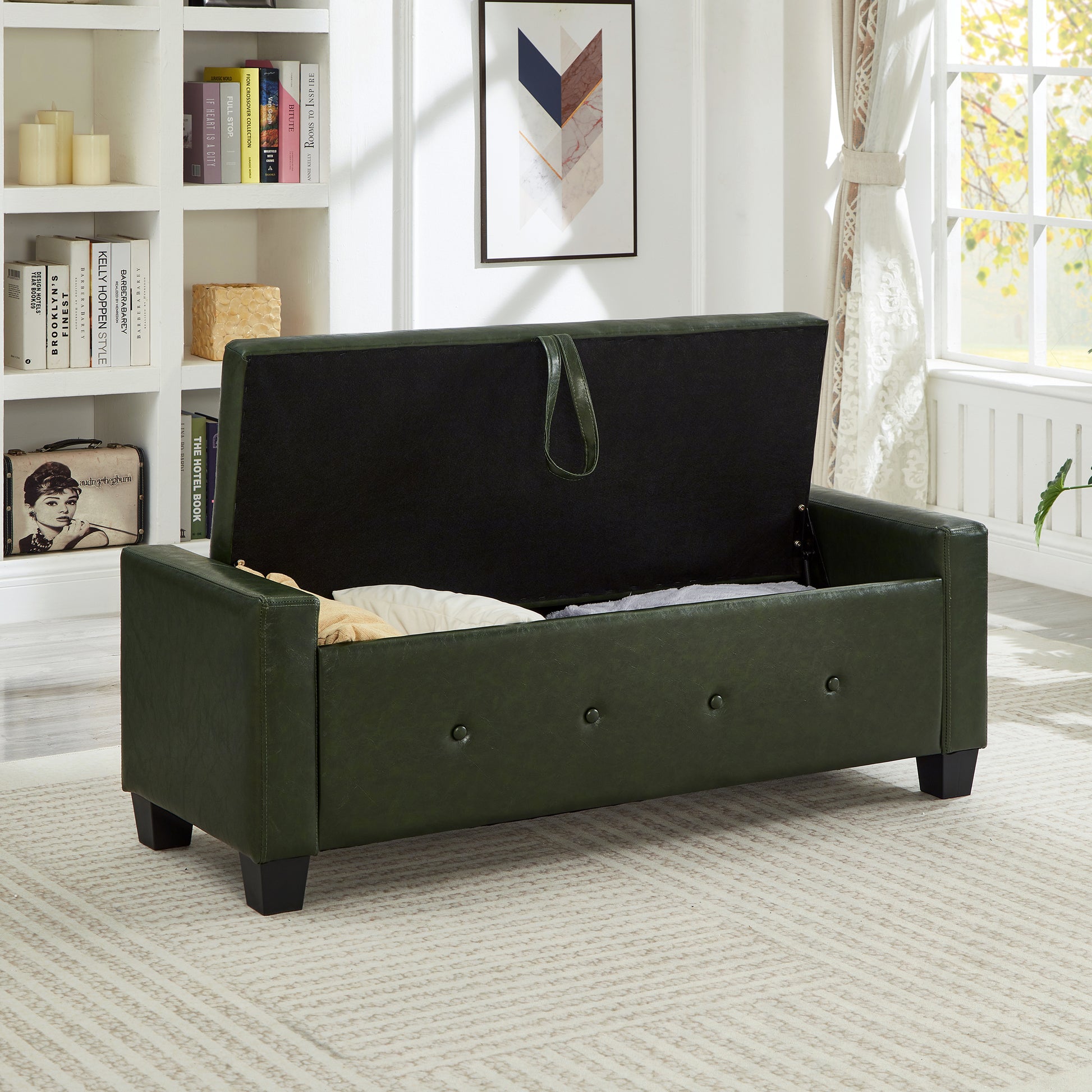 48" Ottoman Bench with Storage, Bench for Bedroom,Living Room,Hallway, Upholstered Tufted Faux Leather PU Ottoman Dark Green image 3