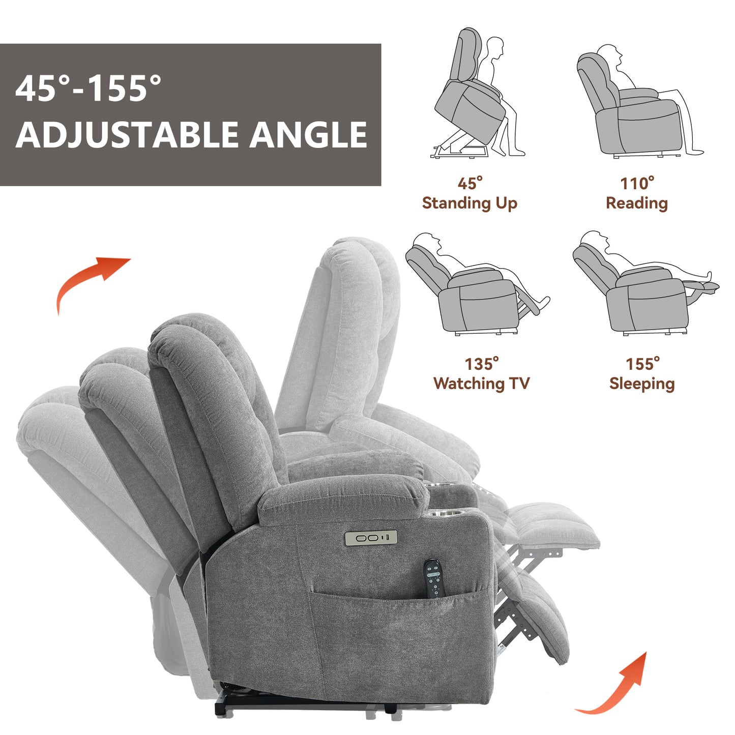 Power Lift Recliner Chair with Massage and Heat for Elderly, Overstuffed Wide Recliners, Heavy Duty Motion Mechanism with USB and Type C Ports, 2 Steel Cup Holders, Light Grey image 5
