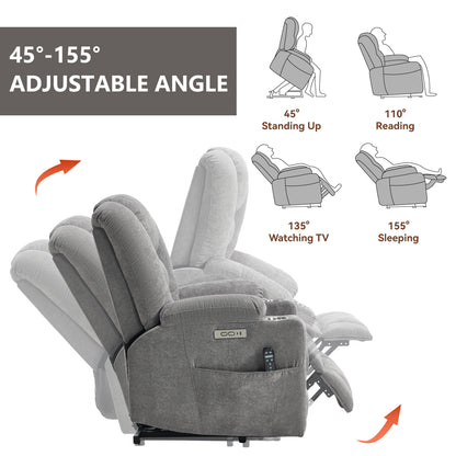 Power Lift Recliner Chair with Massage and Heat for Elderly, Overstuffed Wide Recliners, Heavy Duty Motion Mechanism with USB and Type C Ports, 2 Steel Cup Holders, Light Grey image 5