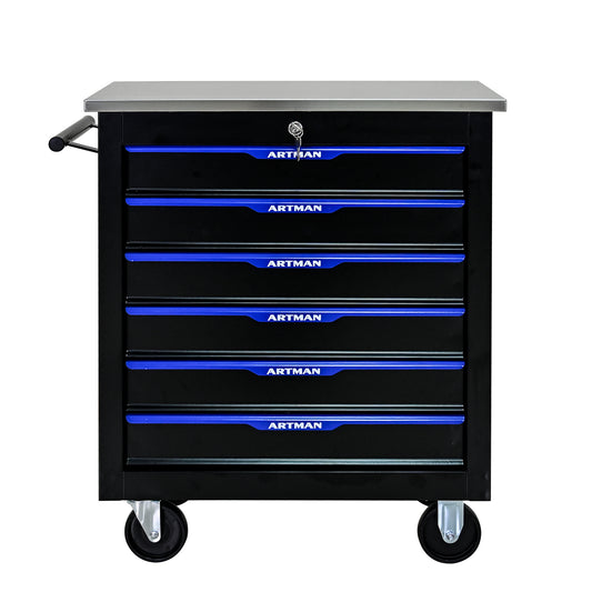 6 Drawers Tool Cart Black and Blue - Front View