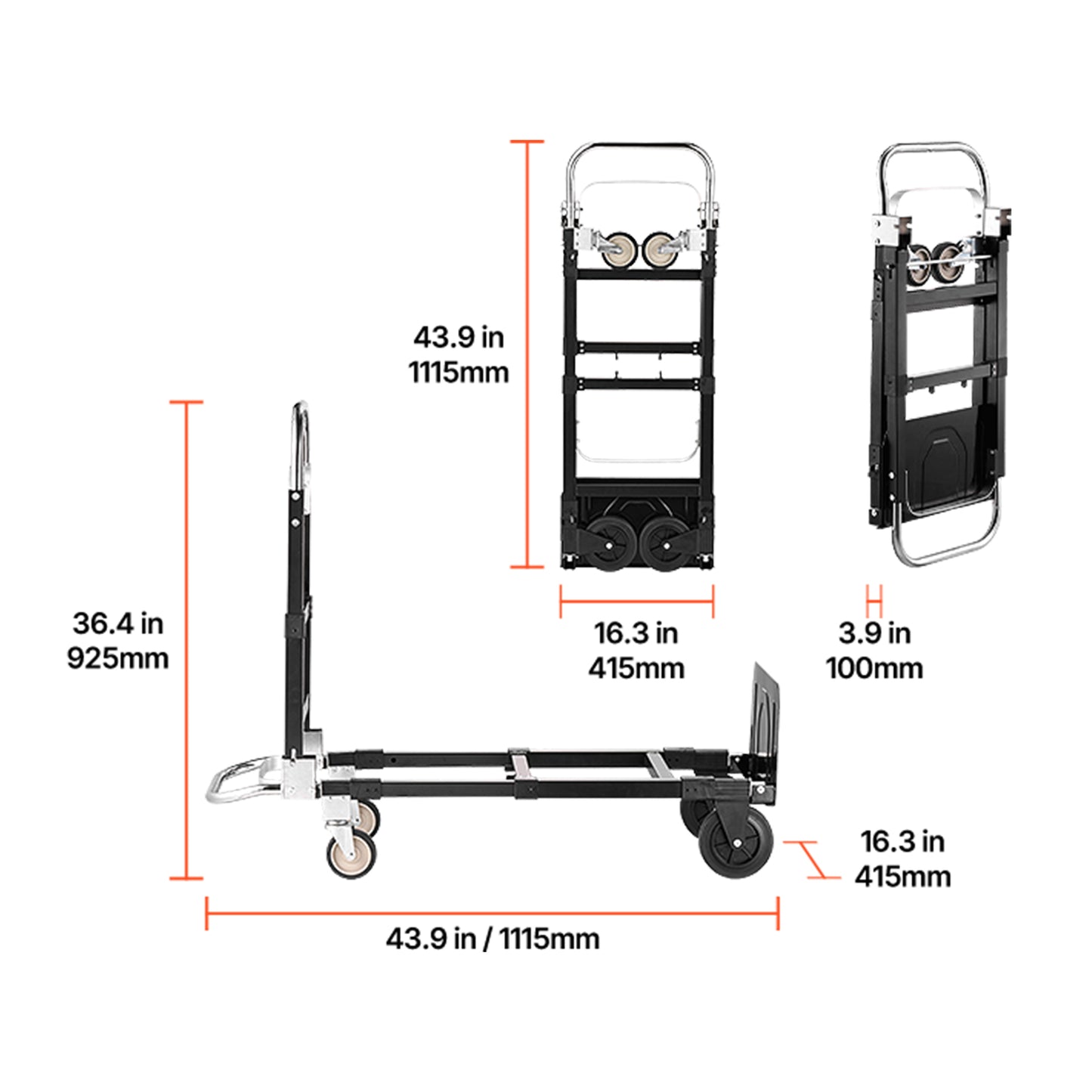 2 in 1 Folding Hand Truck, 500 lbs Load Capacity for 4-Wheel Mode, Convertible Hand Truck Dolly with Wheels & Adjustable Handle, Portable Trolley Dolly for Moving Home, Office, Warehouse image 9