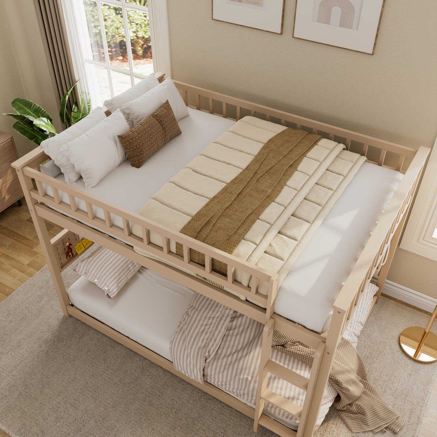 Full over Full Bunk Bed with Integrated Shelving, Color-Changing Lights and Pegboard, Beige image 10