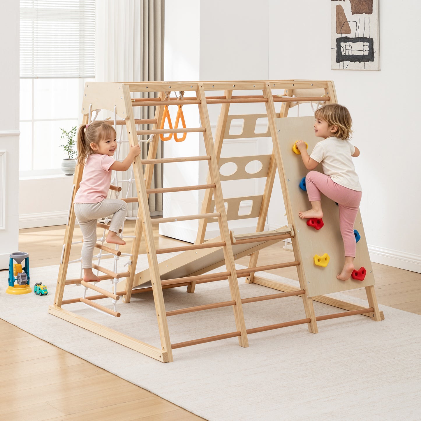 9-in-1 Slide and Climbing Wall for Toddlers 3+, Wooden Indoor Play Structure, Heavy Duty 176 lbs Capacity, Safe Rounded Edge Natural Wood, Balance & Strength Toy Gift image 11