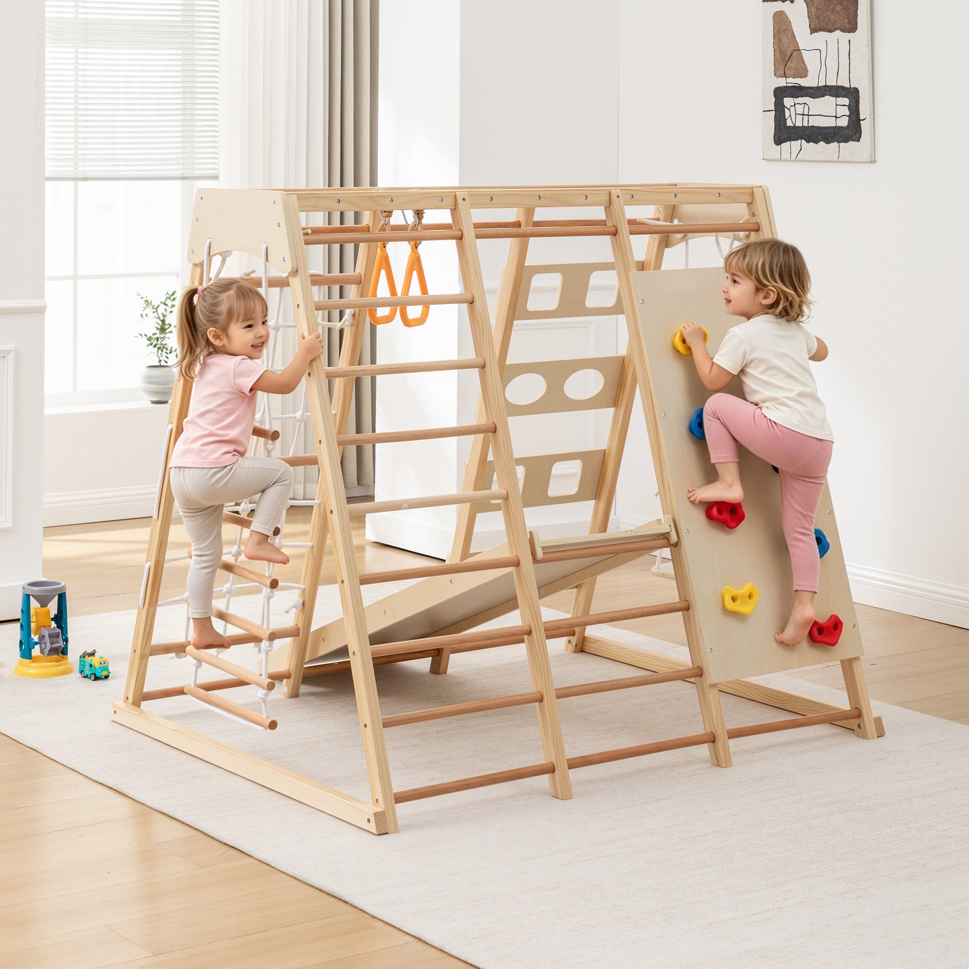 9-in-1 Slide and Climbing Wall for Toddlers 3+, Wooden Indoor Play Structure, Heavy Duty 176 lbs Capacity, Safe Rounded Edge Natural Wood, Balance & Strength Toy Gift image 11
