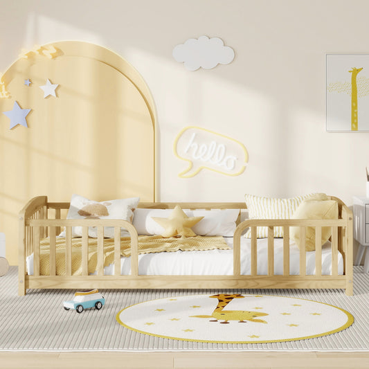 Twin Size Floor Fence Bed with Central Entrance,Pine Wood Floor bed with Guardrails,Natural image 1