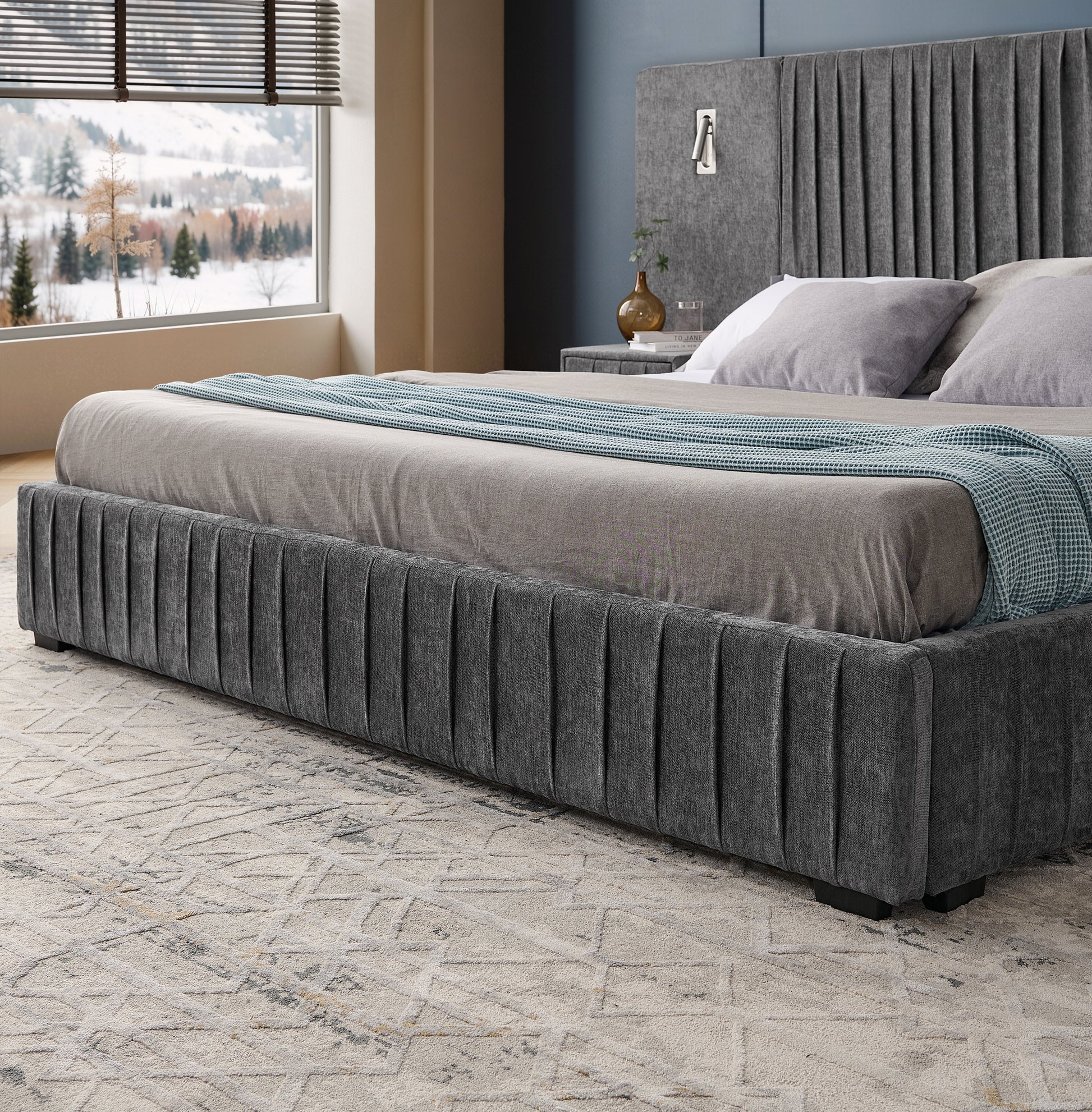 King Size Upholstered Bed Frame with Chenille fabric with pleated design,Grounded King Size Platform Bed with Headboard and Solid Frame and the bedside table.No Box Spring Needed-DARK GREY image 9