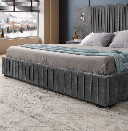 King Size Upholstered Bed Frame with Chenille fabric with pleated design,Grounded King Size Platform Bed with Headboard and Solid Frame and the bedside table.No Box Spring Needed-DARK GREY image 9