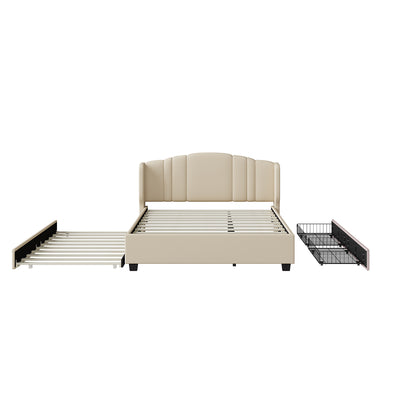 Upholstered Platform Bed with Wingback Headboard, One Twin Trundle and 2 Drawers, No Box Spring Needed, Linen Fabric, Queen Size, Beige image 7