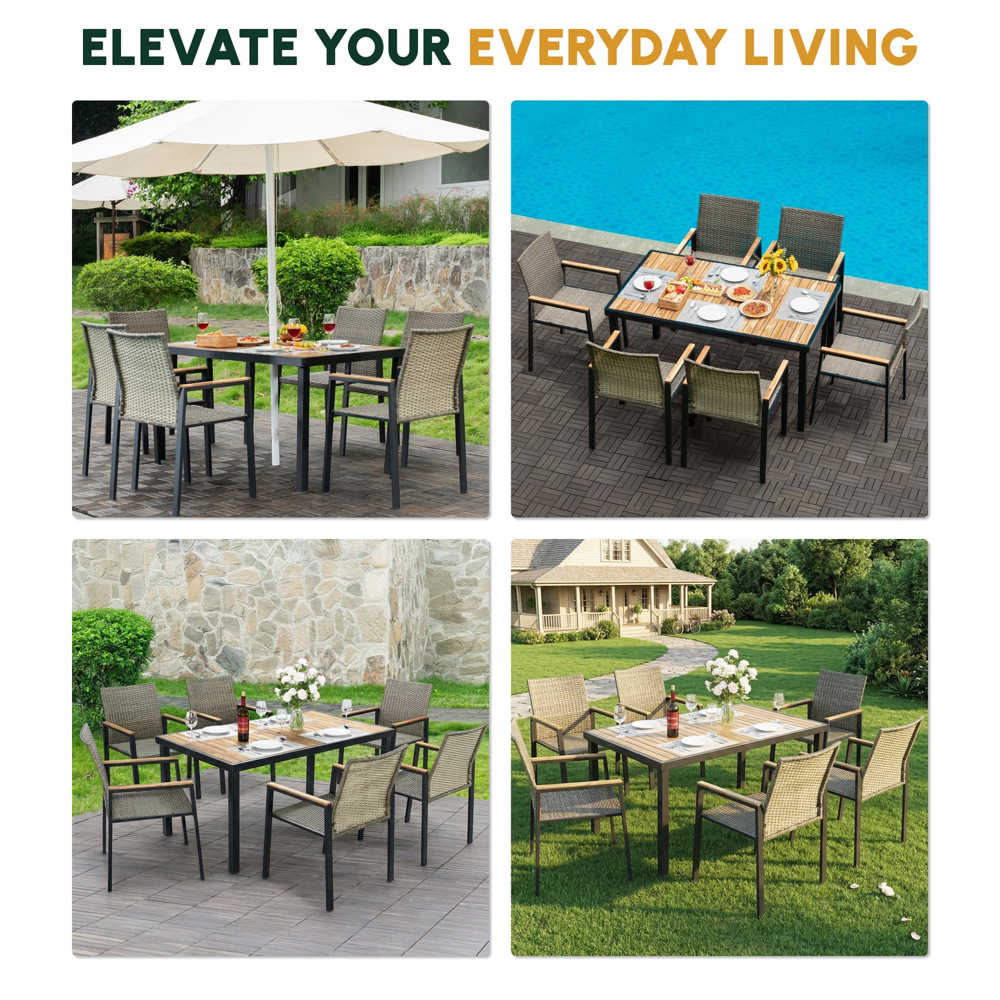 All Weather 7-Piece Patio Dining Table Sets, Patio Conversation Set Acacia Wood Table Top with Umbrella Hole, Rattan Outdoor, Brown Gray Color image 8