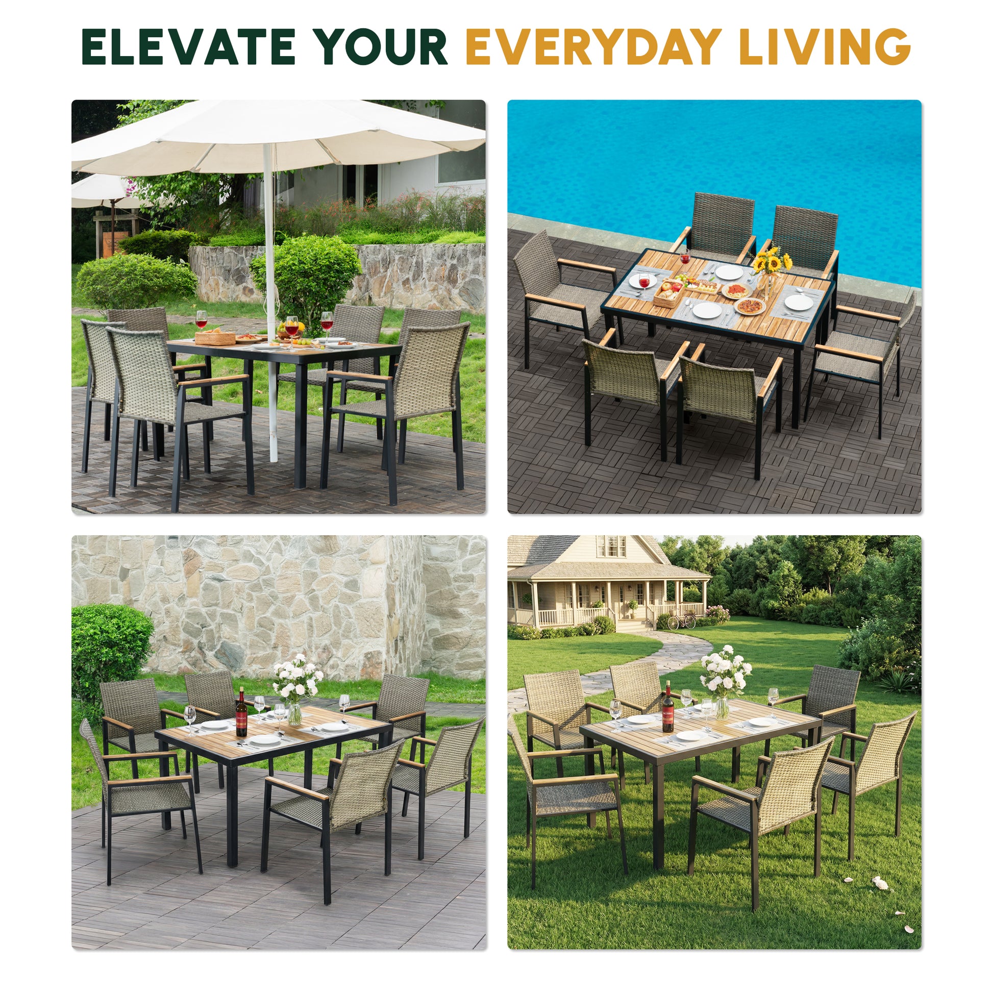 All Weather 7-Piece Patio Dining Table Sets, Patio Conversation Set Acacia Wood Table Top with Umbrella Hole, Rattan Outdoor, Brown Gray Color image 8