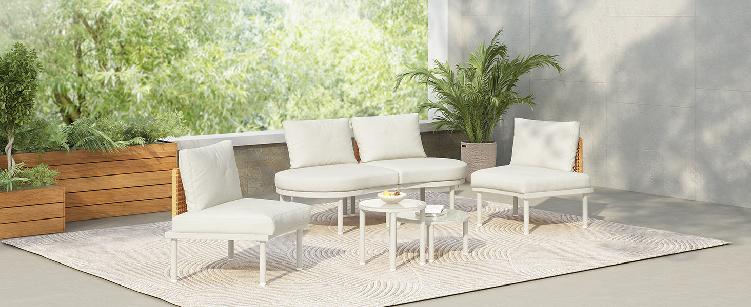 TOPMAX 6-Piece Patio Sofa Furniture Set, Half Moon Outdoor Sectional Sofa with 2 High-Low Coffee Tables, PE Wicker Rattan, Tempered Glass, 4 Pillows & Cushions, for Backyard, Garden, Poolside,Beige image 3
