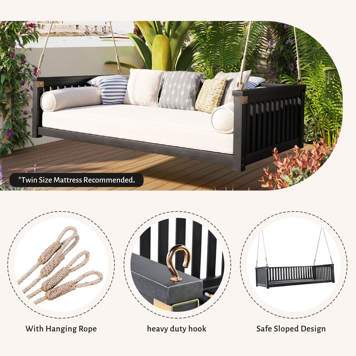 TOPMAX Patio Minimalist Twin Size Garden Swing Bed Wood Porch Swing with Ropes for Backyard, Safe Sloped Design, Black image 8