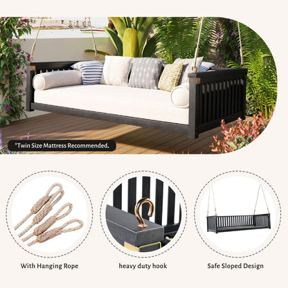 TOPMAX Patio Minimalist Twin Size Garden Swing Bed Wood Porch Swing with Ropes for Backyard, Safe Sloped Design, Black image 8