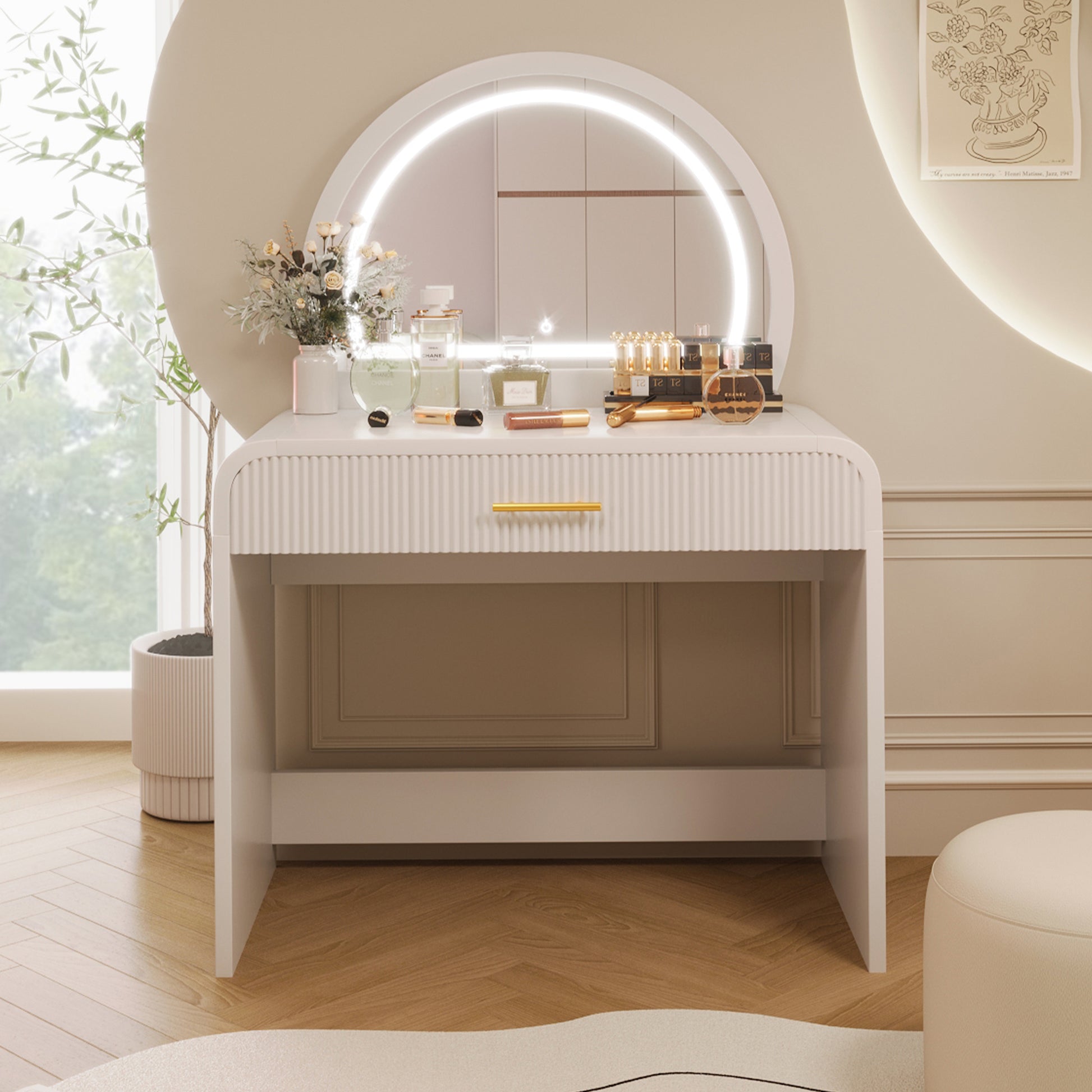 39" Makeup Vanity Table with Mirror Touch Screen Lighted Mirror, Dressing Table with Drawer for Bedroom, White image 1