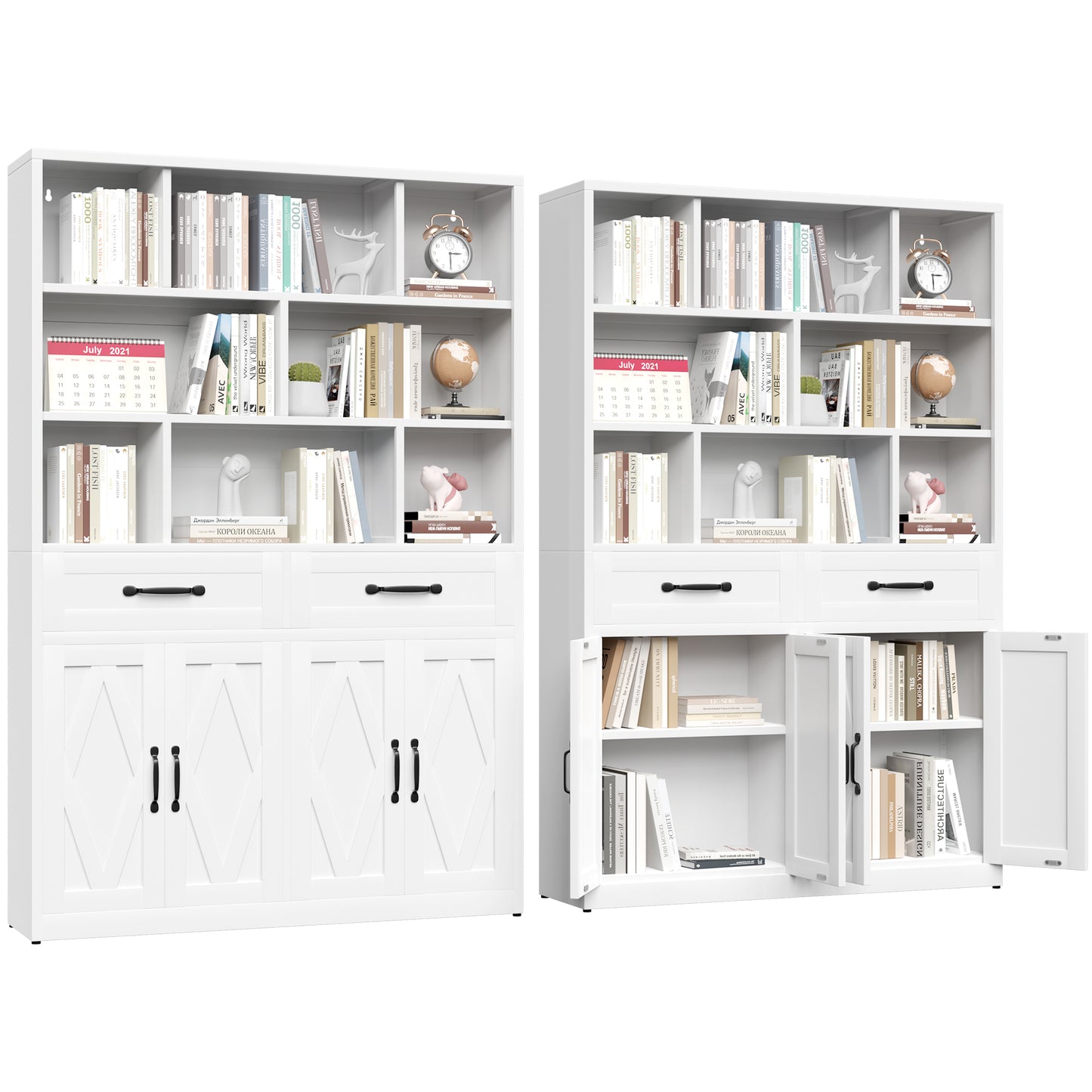 71" H Metal Bookcase with 2 Doors & 2 Drawers, Tall Storage Cabinet with Fixed Open Shelves for Home Office, Living Room, Modern Bookshelf, White image 11