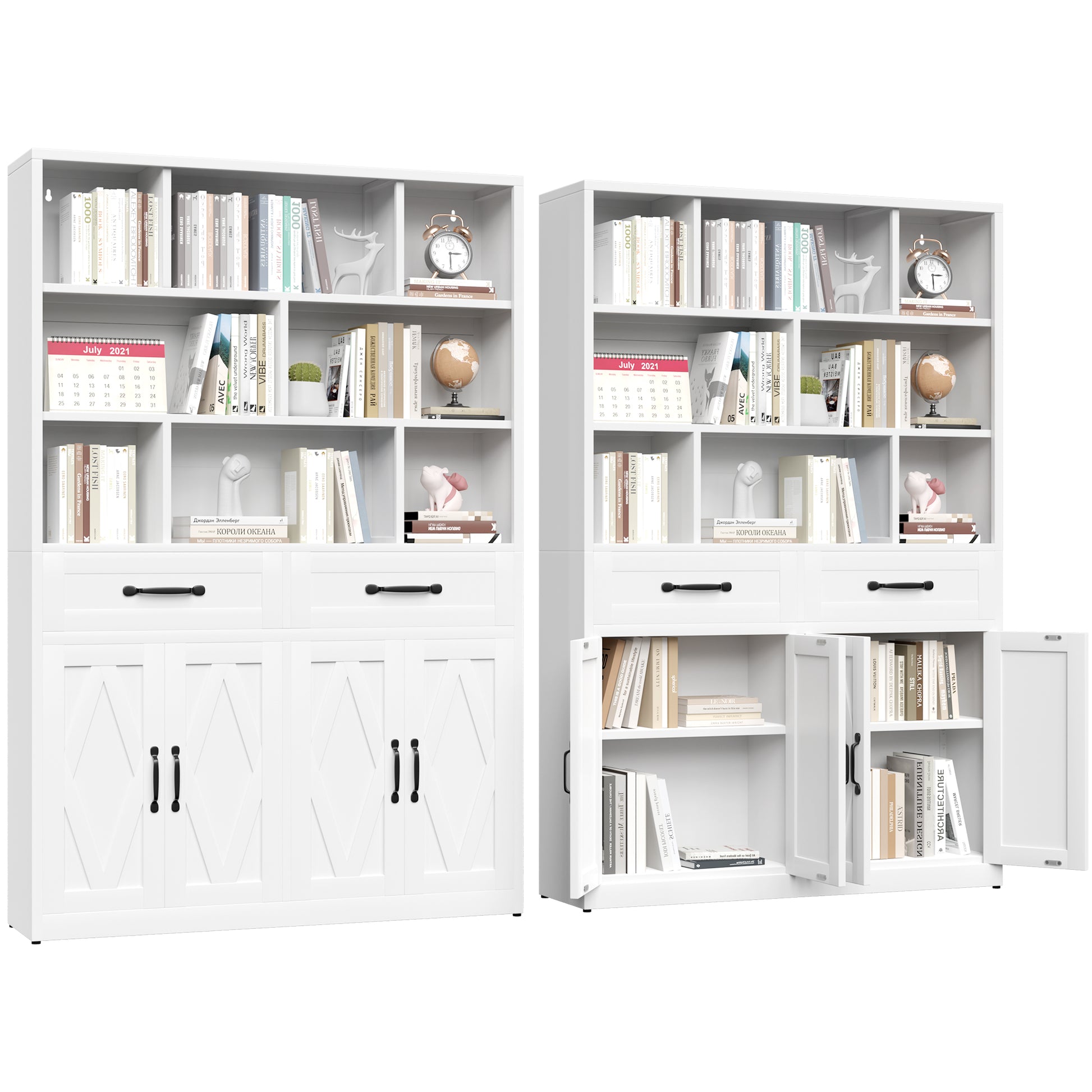 71" H Metal Bookcase with 2 Doors & 2 Drawers, Tall Storage Cabinet with Fixed Open Shelves for Home Office, Living Room, Modern Bookshelf, White image 11