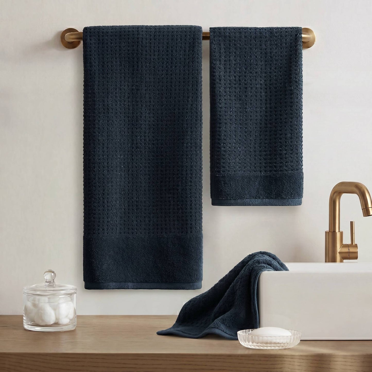 6 Pieces Combed Cotton Waffle Jacquard Bath Towel Set,Navy image 12