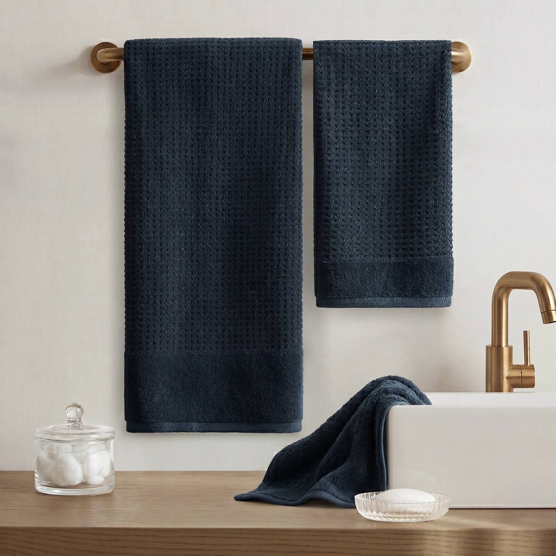 6 Pieces Combed Cotton Waffle Jacquard Bath Towel Set,Navy image 12