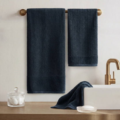 6 Pieces Combed Cotton Waffle Jacquard Bath Towel Set,Navy image 12