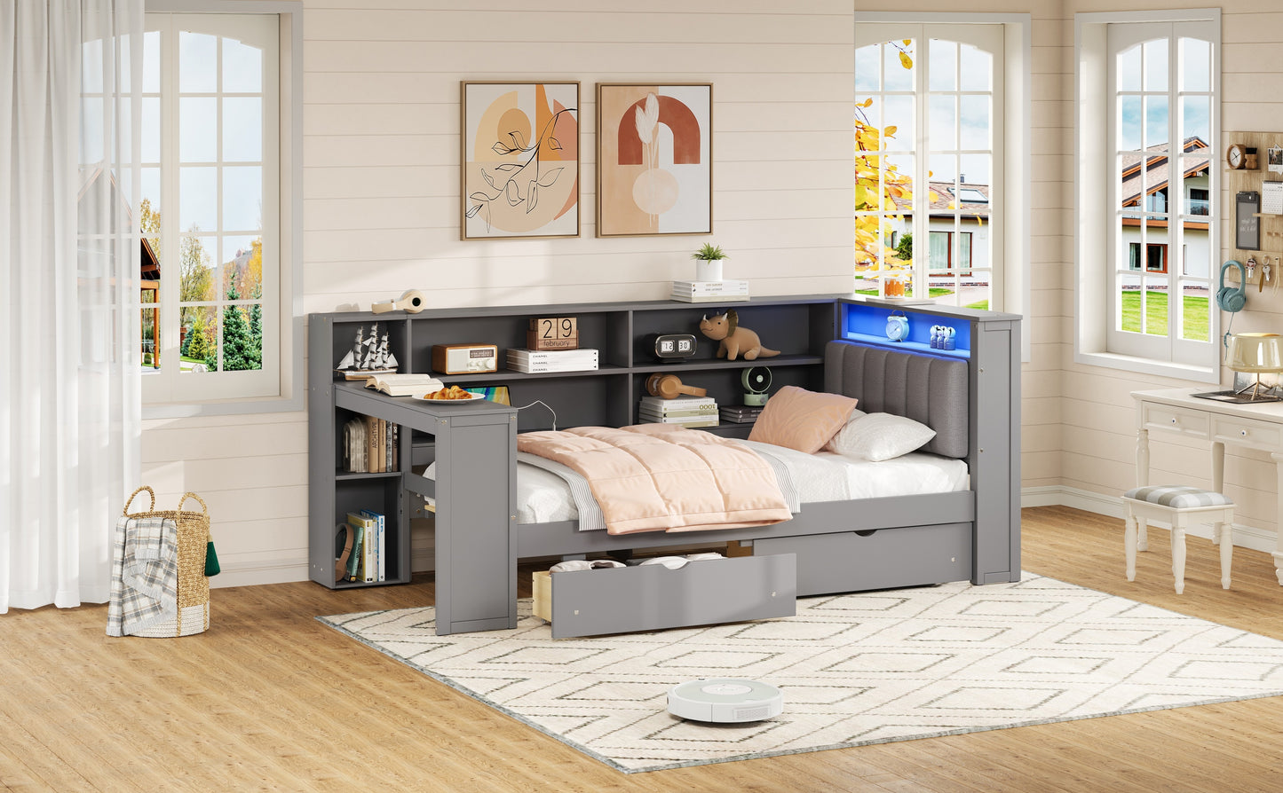 Wood Twin Size Platform Bed with Storage Shelves, Drawers, Charging Station, LED, Desk and Upholstered Headboard, Grey+ Grey Cushion image 4