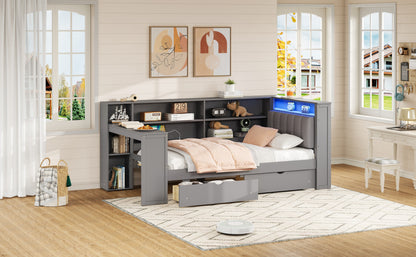 Wood Twin Size Platform Bed with Storage Shelves, Drawers, Charging Station, LED, Desk and Upholstered Headboard, Grey+ Grey Cushion image 4