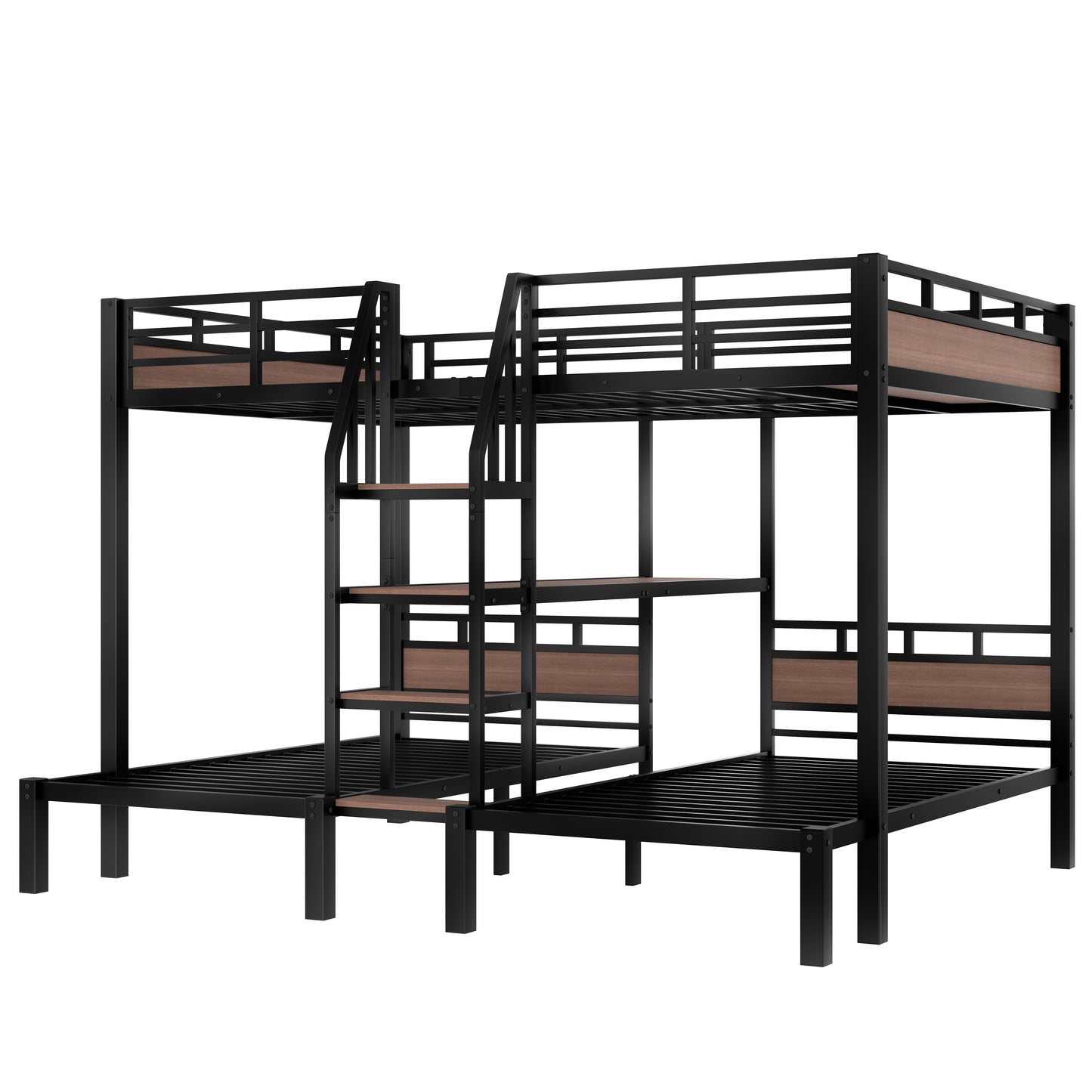 Queen over Twin over Twin Metal Bunk Bed,triple metal bunk bed with Storage shelves and storage stairs,Black image 6