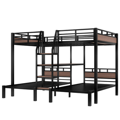 Queen over Twin over Twin Metal Bunk Bed,triple metal bunk bed with Storage shelves and storage stairs,Black image 6