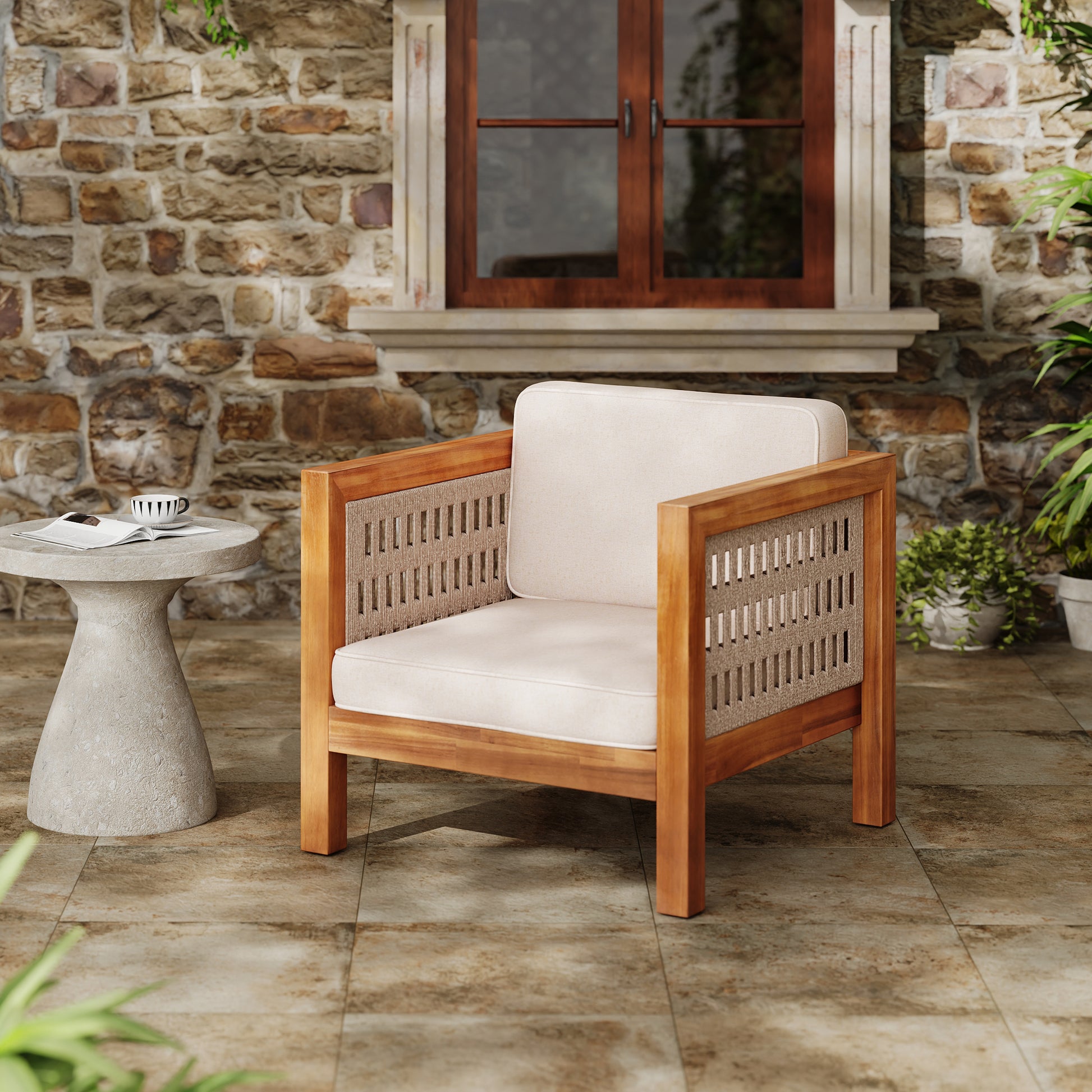 Acacia Wood Outdoor Club Chair with Beige Rope Arm and Beige Cushions,400 lbs Capacity image 8