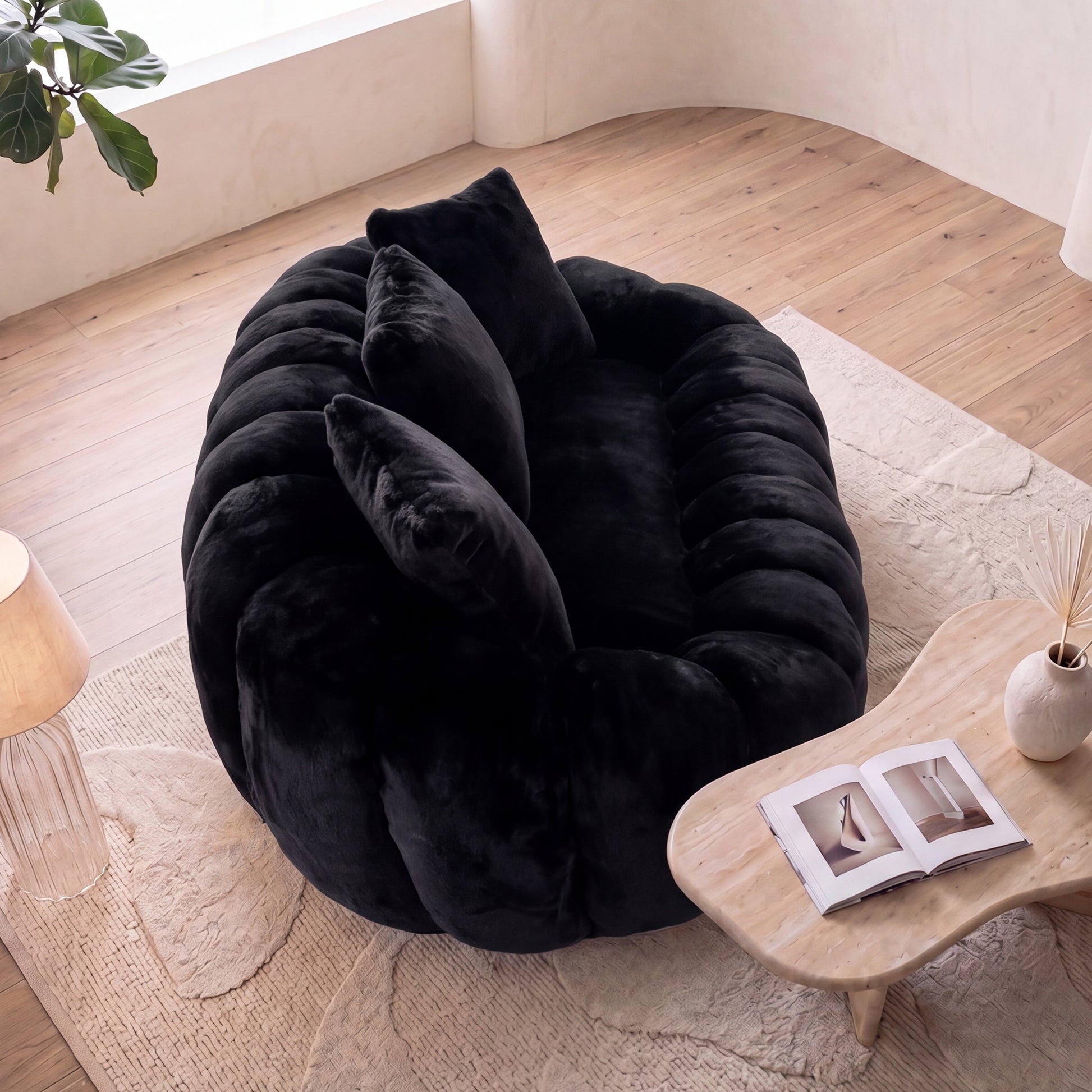 Floral-shaped sofa, ultra-soft faux fur sofa, large living room two-seater sofa, Black, two-person style image 4