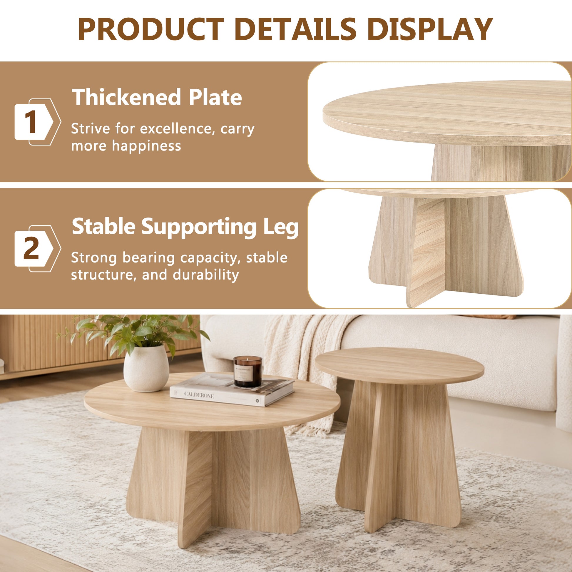 Retro-style nesting coffee table set. Available in walnut or natural wood finishes. Round nesting side tables with crisscross legs. Ideal for living rooms and dining rooms. image 6
