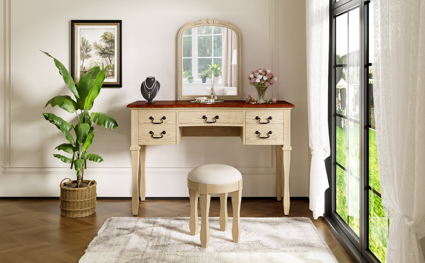 46" Vintage Makeup Vanity with Curved Flower Frame Mirror, Elegant Dressing Table with 5 Drawers and Leather Stool, Vanity Desk with Solid Wood Legs and Antique Handles for Bedroom image 11