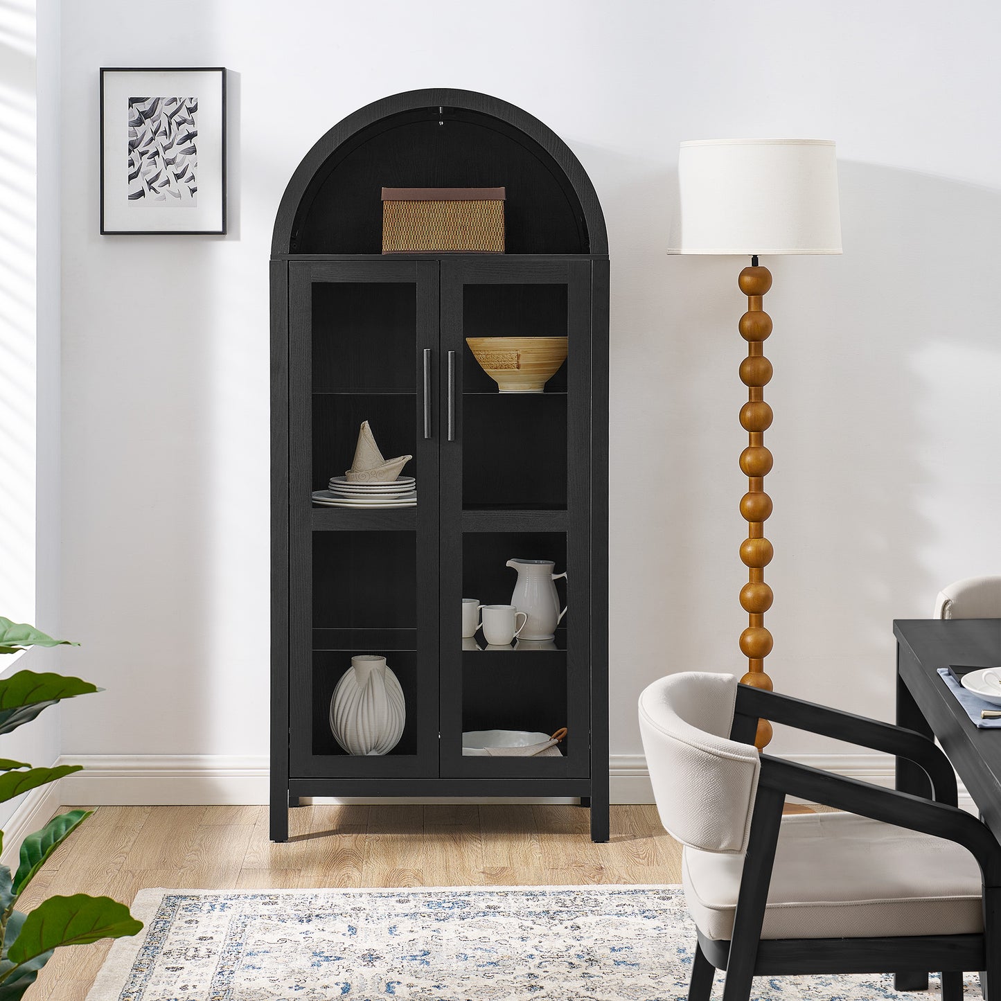 A high arched storage cabinet with a lamp, a modern retro-style wooden storage cabinet with adjustable glass partitions, suitable for use as a multi-functional cabinet in kitchens-Black image 5