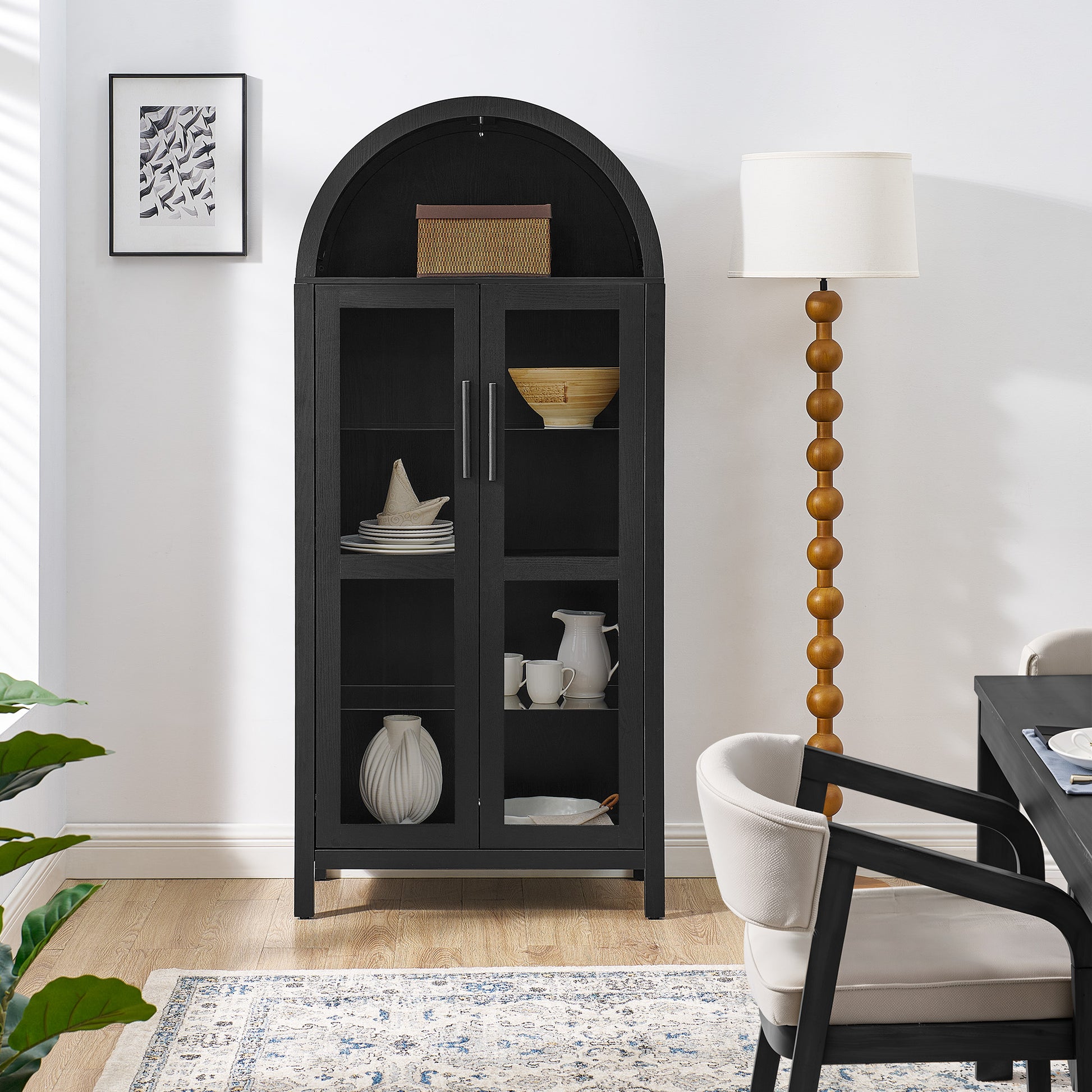 A high arched storage cabinet with a lamp, a modern retro-style wooden storage cabinet with adjustable glass partitions, suitable for use as a multi-functional cabinet in kitchens-Black image 5
