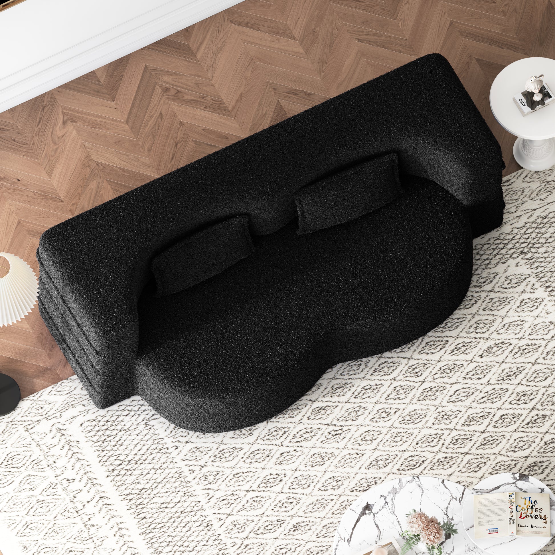 Modern Floor Sofa with 2 Pillows,Convertible Sherpa Fleece Fabric Foam-Filled Sleeper Sofa Bed,15" Full Size Folding Mattress for Living Room,Guest Bed,no assembly required,Black(SameW1885P2722) image 6