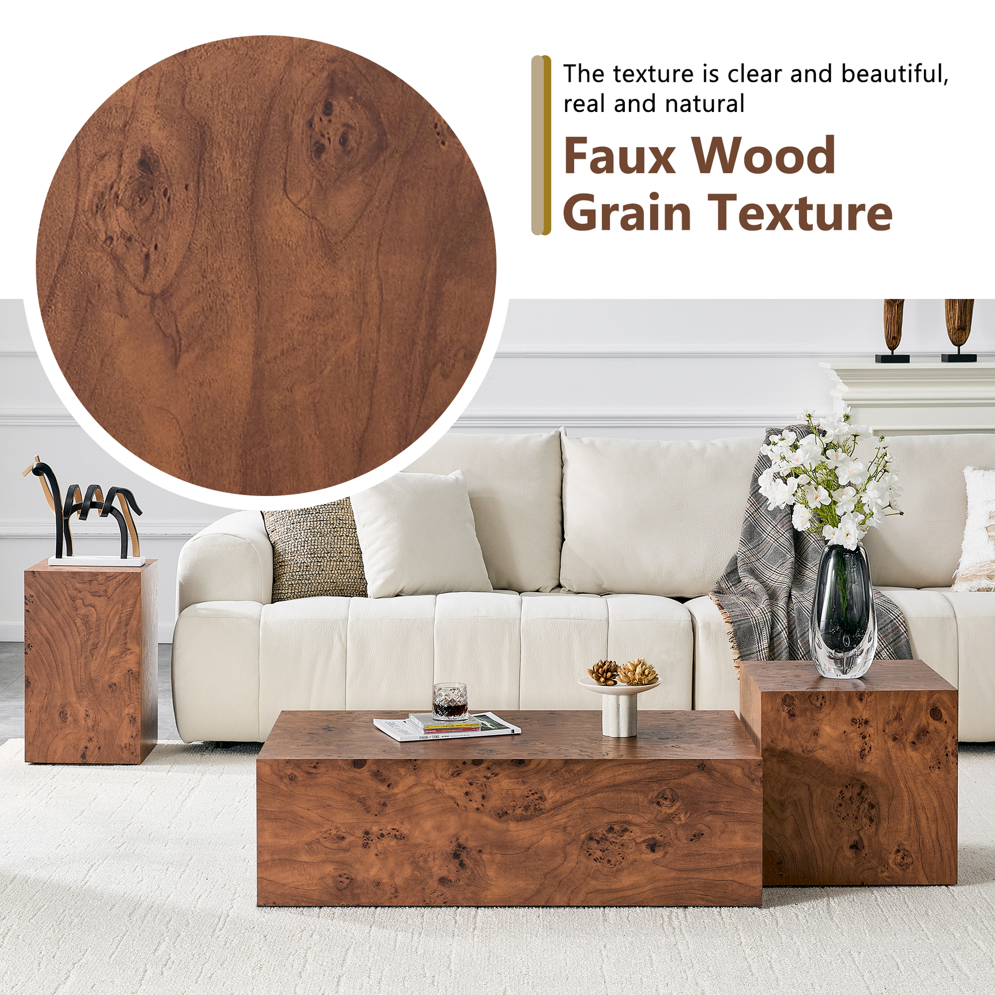Premium Burl Walnut Veneer MDF Cube Table, Height Adjustable Multi-purpose Coffee Side End Table for Living Room, 15.7"×15.7"×15.7", No Extra Items Included image 4