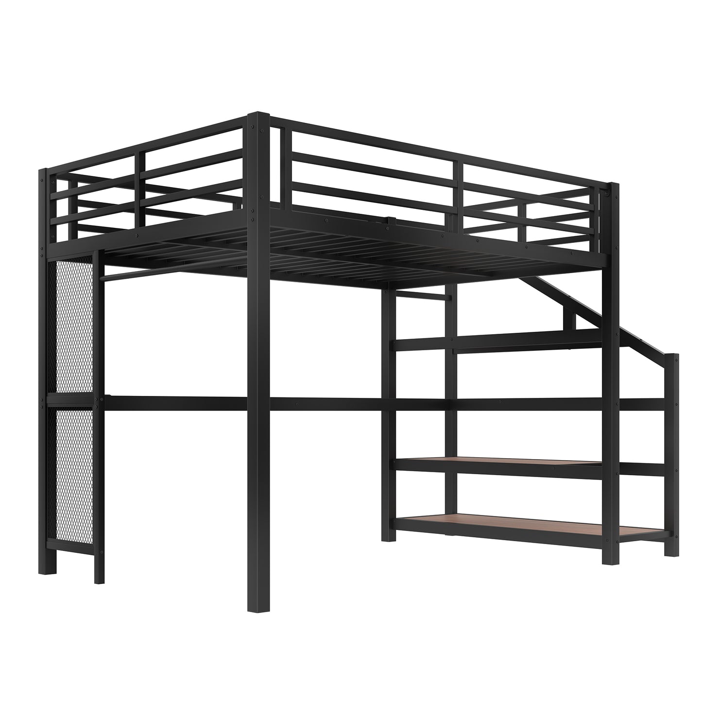 Full Loft Bed with Desk and Storage Stairs, Metal Loft Beds with LED Lights, USB Ports, Multifunctional Iron Nets, No Spring Box Needed and Noise-free, Black image 9